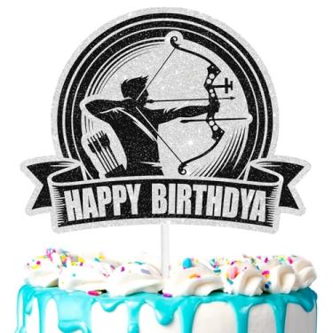 Imagem de Topo de bolo com arco e flecha, tema de tiro com arco e flecha, decoração de tiro de feliz aniversário, festa de aniversário de atleta arqueiro para meninos e meninas, festa de caça, artigos de