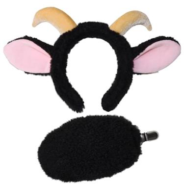 Imagem de Goat Ears Headband with Ram Horns and Tail, Furry Goat Costume Accessory. (Black)