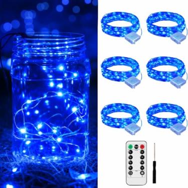 Imagem de Yooumoga Pacote com 6 luzes de fadas alimentadas por bateria com controle remoto e temporizador, 8 modos de iluminação, mini luzes de 20 LEDs para potes de pedreiro, árvores de Natal, festas e