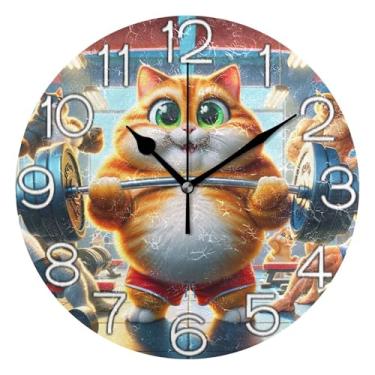 Imagem de Relógio de parede analógico atlético de gato de desenho animado para escritório, cozinha, silencioso, moderno, arte de parede, decoração de casa, 25 cm, ponteiros pretos