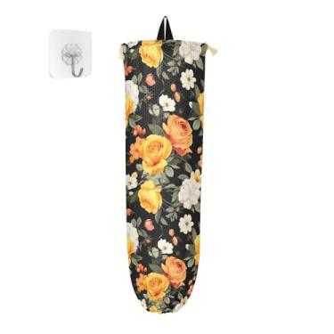 Imagem de Dispensador de saco de compras de flores laranja e amarelo para parede, organizador de sacos de cozinha, suporte de sacola de supermercado para sacolas plásticas