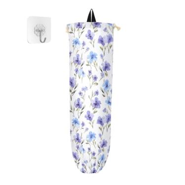 Imagem de Aquarela flores azuis na parede branca dispensador de saco de supermercado, organizador de armazenamento de cozinha, organizador de sacolas plásticas de mercearia