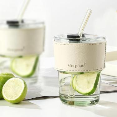Imagem de Copo de água de vidro de 340 g com canudo e tampa selada copo de café gelado de parede grossa para água, chá gelado