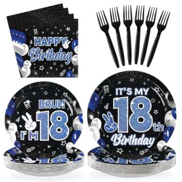 Imagem de Greencian 96 peças de decorações de aniversário de 18 anos para meninos, pratos e guardanapos descartáveis com glitter It's My 18th Birthday Party Supplies para meninos, crianças, adolescentes, 18