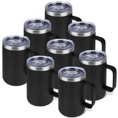Imagem de Zynkify Caneca de café isolada de 623 g com alça e tampa à prova de vazamento - Copo de viagem de aço inoxidável de parede dupla a granel para deslocamento/escritório/casa, preto, pacote com 8