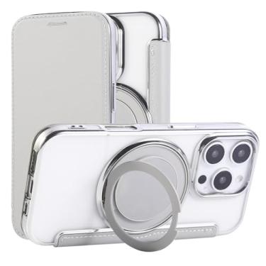 Imagem de Capa carteira para iPhone 15 Pro Max com 3 compartimentos para cartão, bloqueio RFID, suporte de anel giratório de 360° e compatibilidade magnética, capa traseira transparente à prova de choque