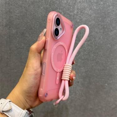 Imagem de Capa magnética fosca para iPhone 16, 15, 14, 13, 12, 11 Pro Max Plus, com airbag, lente de metal à prova de choque e cordão para pulseira, rosa, para iPhone 16 Plus