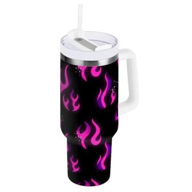 Imagem de Wassud Copo Neon Dancing Flames com alça e tampa de canudo copo isolado garrafa de água de aço inoxidável à prova de vazamento caneca de viagem presentes para mulheres 1,134 g