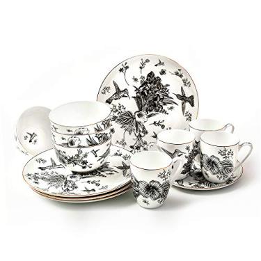 Imagem de KOKEN Conjuntos de louça – Conjunto de louça de porcelana de osso – Conjuntos de pratos e tigelas Conjunto de pratos para 4 – Conjuntos de louça pratos de cozinha, canecas, tigelas, conjunto de pratos - pratos seguros para micro-ondas e tigelas para casa (botânico)