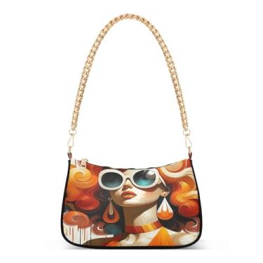 Imagem de Bolsa feminina legal de corrente laranja, bolsa de mão Hobo média com estampa artística para mulheres, bolsa clutch moderna para uso diário e noturno