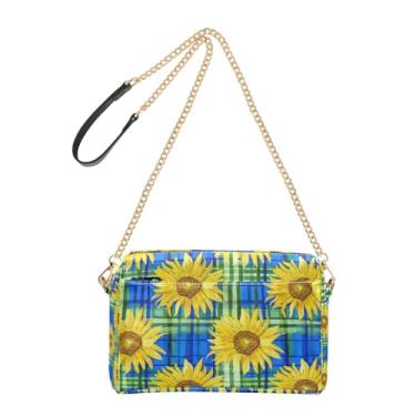 Imagem de Joitme Bolsas femininas transversais amarelas girassóis azuis xadrez bolsa para celular bolsa de couro PU bolsa de ombro alça de corrente