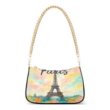 Imagem de Bolsa de ombro Torre Eiffel de Paris com corrente pastel, bolsa feminina Hobo média com estampa moderna, bolsa clutch casual para uso diário e noite