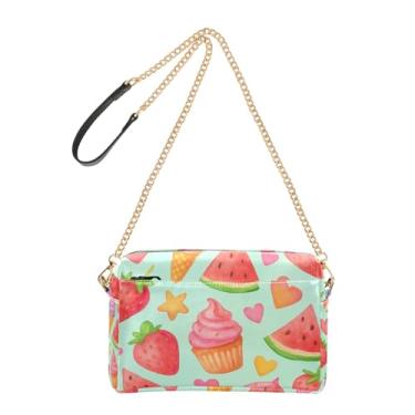 Imagem de Bolsa feminina transversal bolsa para celular bolsa fofa de desenho animado morango melancia couro PU bolsa de ombro alça de corrente