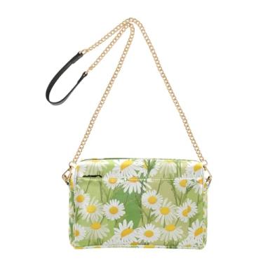 Imagem de Joitme Bolsa de ombro feminina transversal para celular bolsa de ombro de couro PU alça de corrente margaridas brancas verde claro bege