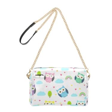 Imagem de Joitme Linda bolsa branca com estampa de corujas coloridas para mulheres, bolsa de ombro de couro sintético com alça de corrente, bolsa para celular