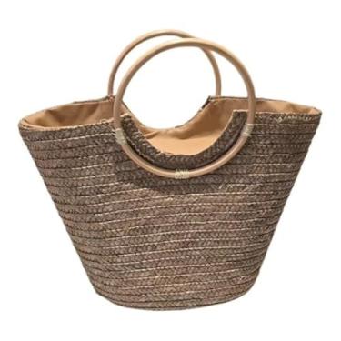 Imagem de Bolsa Grande Cesta Alça Madeira Artesanal Praia Piscina