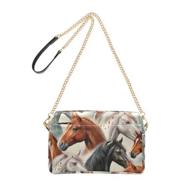 Imagem de Joitme Bolsa de mão feminina tiracolo bolsa de telefone lindas cabeças de cavalo vívidas alça de corrente marrom bolsa de ombro de couro PU