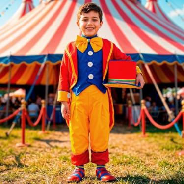 Imagem de Fantasia Infantil Menino Palhaço Palhacinho de Circo Luxo Kit 4 Peças com Casaca Vermelha Calça Colete e Cartola (Vermelho, PP 3-4)