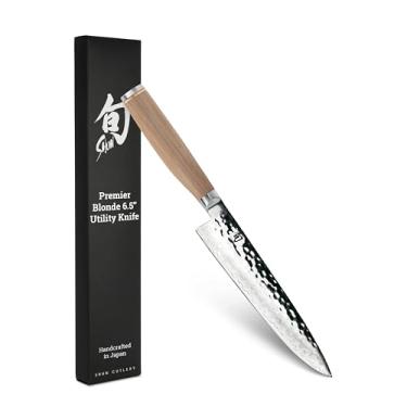 Imagem de Shun Faca utilitária Premier Blonde de 16,5 cm, faca japonesa feita à mão, núcleo VG-MAX com revestimento de aço inoxidável de damasco, cabo Pakkawood, precisão e nitidez para chefs profissionais e