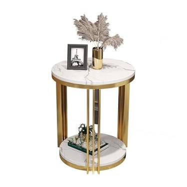 Imagem de Mesa de centro de mármore branco para sala de estar ou escritório, mesa de centro redonda de coquetel com decoração de borda dourada, mármore e ouro (cor: branco) (branco)