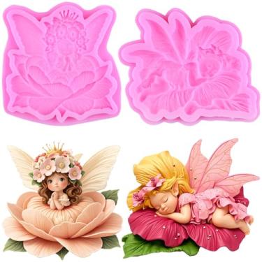Imagem de MIYAHOUSE Moldes de fadas de flores para decoração de bolos, enfeite de cupcake, pasta de goma de chocolate, argila de polímero, conjunto de 2