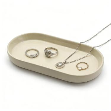 Imagem de Aliviitsi Bandeja de cerâmica oval pequena branca para balcão de banheiro - bandeja de chave, organizador de joias e cômoda, bandejas decorativas pequenas de velas para cuidados com a pele e bandeja