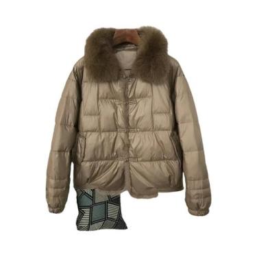 Imagem de Jaqueta Puffer Feminina Com Gola De Pele De Raposa Branca, Parka Curta