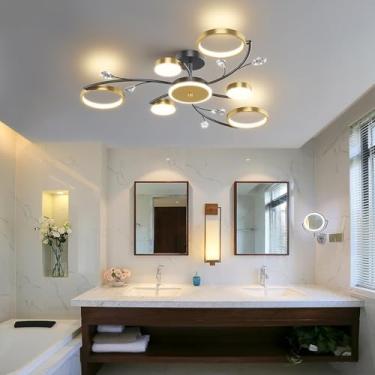 Imagem de Luminária de teto regulável para decoração de interiores, luminária de cristal LED com controle remoto, lustre para restaurante, luminária de teto retrô com anel dourado chique, adequada par