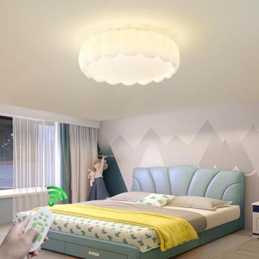 Imagem de Luminária de teto LED com design romântico e criativo para quarto infantil, dimerizável, formato nórdico de pena, branca, com proteção para os olhos. Ideal para sala de estar, quarto, closet