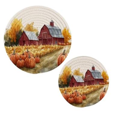 Imagem de Wassud Suportes de panela redondos de campo de abóbora trivets de algodão almofadas quentes porta-copos elegantes decoração de cozinha e acessórios 2 peças
