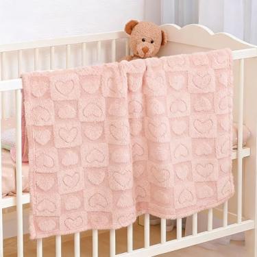 Imagem de Cobertor de lã xadrez de coração, cobertor para sofá, pelúcia macia para cochilar, sofá, viagem, 76 cm × 99 cm (rosa)