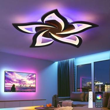 Imagem de Luminária de teto RGB com controle remoto por aplicativo, 3 temperaturas de cor, lustre com timer, luz noturna regulável e função de memória para quarto, preta.