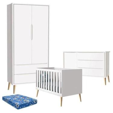 Imagem de Quarto De Bebê Theo 2 Portas Com Colchão Branco Acetinado Pés Madeira 