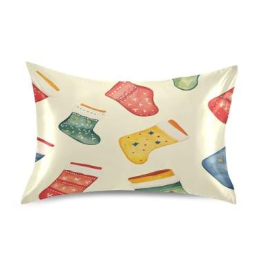 Imagem de Blueangle Fronha de cetim com meias de Natal para cabelo e pele, fronha de seda, tamanho Queen (50,8 x 76,2 cm) - Capas de almofada de cetim com fecho de envelope (475)
