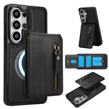 Imagem de Capa para Samsung Galaxy S26 ultra destacável compatível com Magsafe sem fio com suporte para cartão, bolso com zíper, suporte 2 em 1 capa à prova de choque (preto)