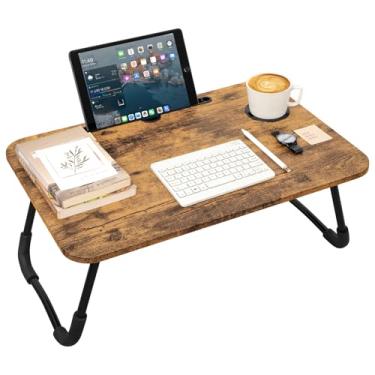 Imagem de Mesa de colo dobrável para laptop, bandeja de cama portátil com suportes para copo e tablet, pequenas mesas de colo pessoais para sofá, sofá, chão, viagem, praia, acampamento, marrom escuro