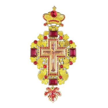 Imagem de RZRHMUHN Pingente de cruz peitoral ortodoxa oriental, joia de clero banhada a ouro de liga de zinco com gotejamento de óleo e crucifixo de Jesus de resina de cristal, presente religioso com caixa de