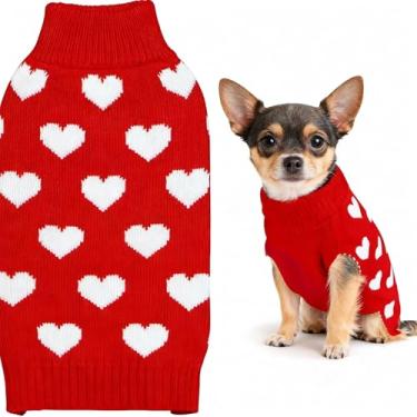 Imagem de Suéter de cachorro de coração rosa para cães fofos suéteres para cães e namorados roupa de tricô para gatos e namorados roupas quentes para animais de estimação suéteres para cães pequenos meninas