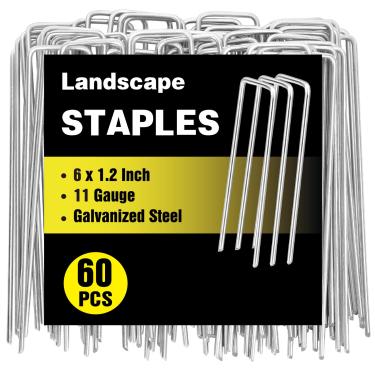Imagem de HongWay Pacote com 60 grampos de paisagem de 15 cm, estacas de jardim galvanizadas, estacas de cobertura de plantas de calibre 11, estacas de barraca em forma de U, pinos de paisagismo, grampos para