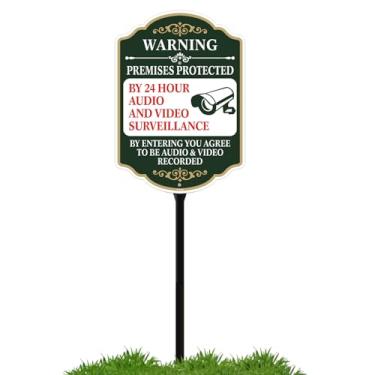 Imagem de Phyabe Locais protegidas por 24 placas de vigilância de áudio e vídeo com estaca, placa de vigilância de metal de alumínio com estaca durável de 89 cm de comprimento total, resistente a intempéries