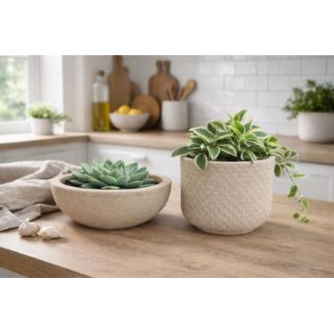 Imagem de Kit 2 Vasos Decorativos para Plantas ou Cachepot para Centro de Mesa (Beta e Bacia) (Calcário)