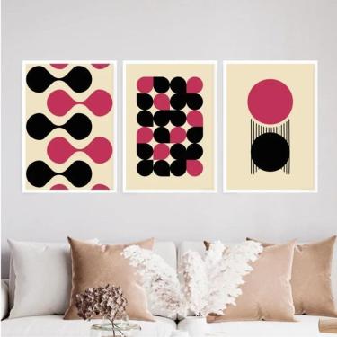 Imagem de Kit 3 Quadros Bauhaus Abstrato Magenta Preto 24X18Cm Branca