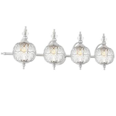 Imagem de Ditoon Luminária de banheiro de níquel escovado estilo vintage - compatível com 4 lâmpadas G9, iluminação de banheiro de 76 cm de largura sobre espelho com persianas de vidro gravadas à mão, montagem