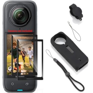 Imagem de FCMEDZI Capa protetora de tela preta de silicone compatível com Insta360 X4, película protetora de tela composta de TPU premium e protetores de lente de câmera de silicone com kit de capa de câmera