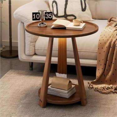 Imagem de Mesa de centro redonda de madeira maciça com prateleira de armazenamento de 2 níveis, mesa lateral moderna para sala de estar e escritório, design simples, acabamento em nogueira