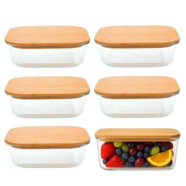 Imagem de Kit 6 Pote de Vidro com Tampa de Bambu Retângular 635ml Em Casa Tem - 