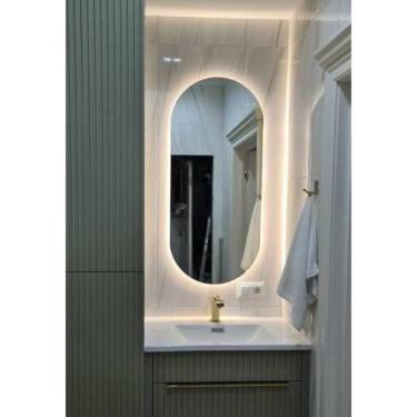 Imagem de Espelho De Parede Decorativo Grande Oval Com Led Claro 90x45 Com Fonte Bivolt Branca