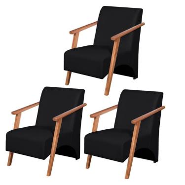 Imagem de Kit 3 Poltronas Venus 1 Lugar Braço Madeira Maciça Courino Unidecor Preto