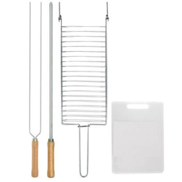 Imagem de Kit Preparo Churrasco 4pcs Churrasqueira Grelha Espeto Simples e Duplo