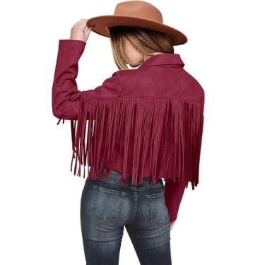 Imagem de Casaco PRETTYGARDEN Vermelho Vinho de Camurça Sintética com Franjas XX